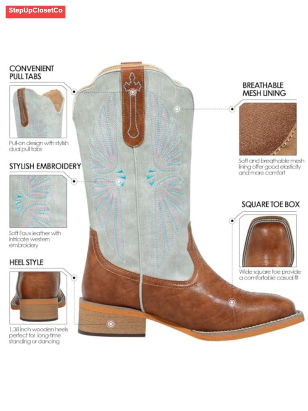 Faux Leather Square Toe Cowgirl Boots Mid Calf Embroidered Pull-On - Picture 4 of 6